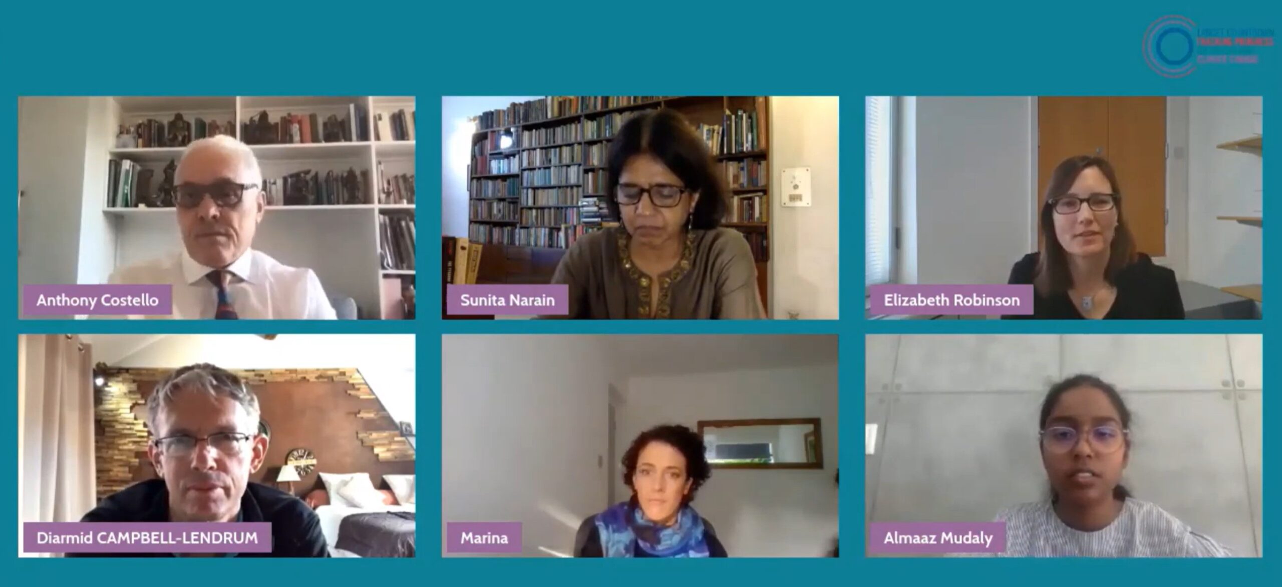 Screenshot of a virtual meeting with six participants in a grid layout, each name displayed in a colored label on the bottom of their frame.
