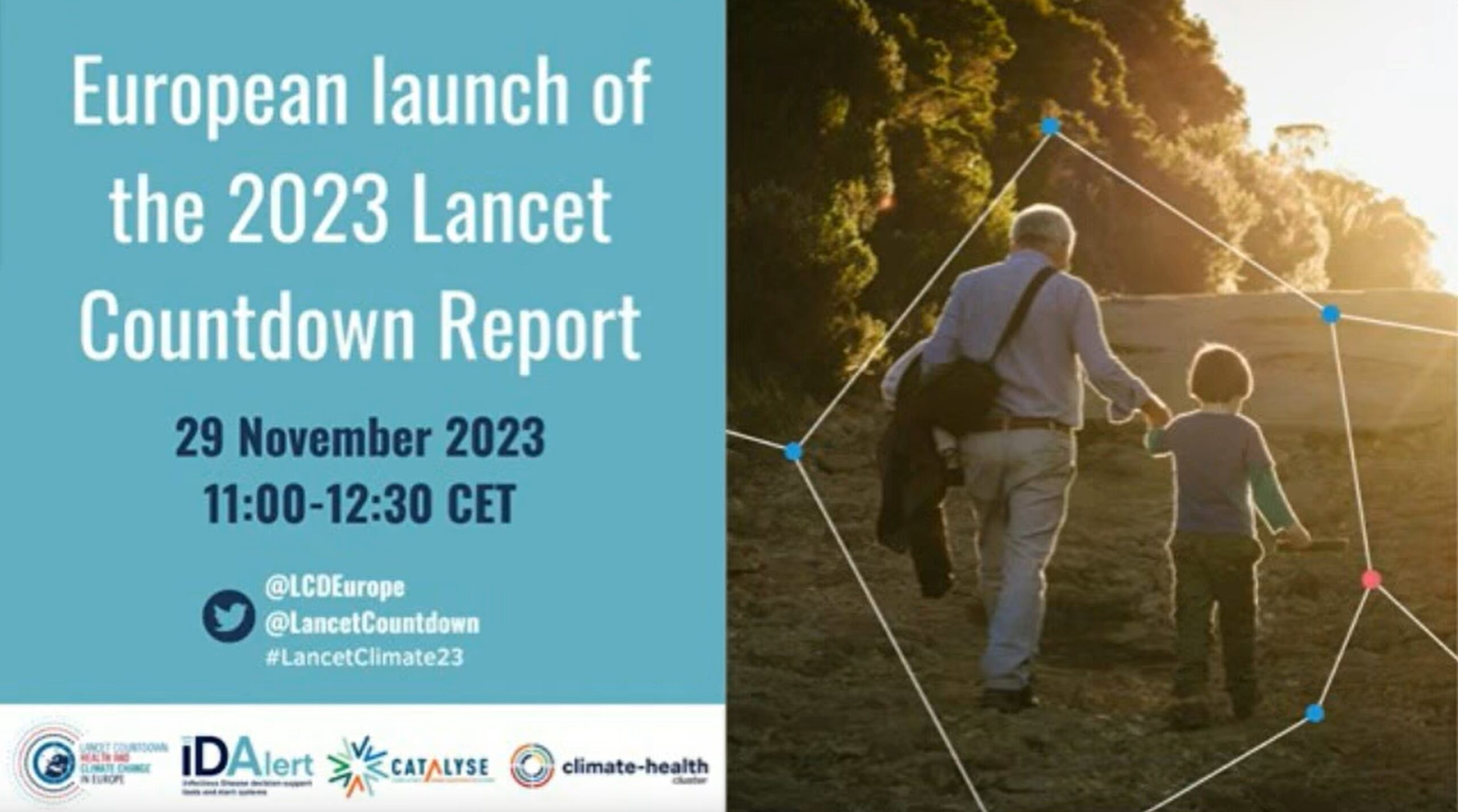 Graphic for the European launch of the 2023 Lancet Countdown Report on 29 November 2023, with event details and an image of two people walking outdoors.
