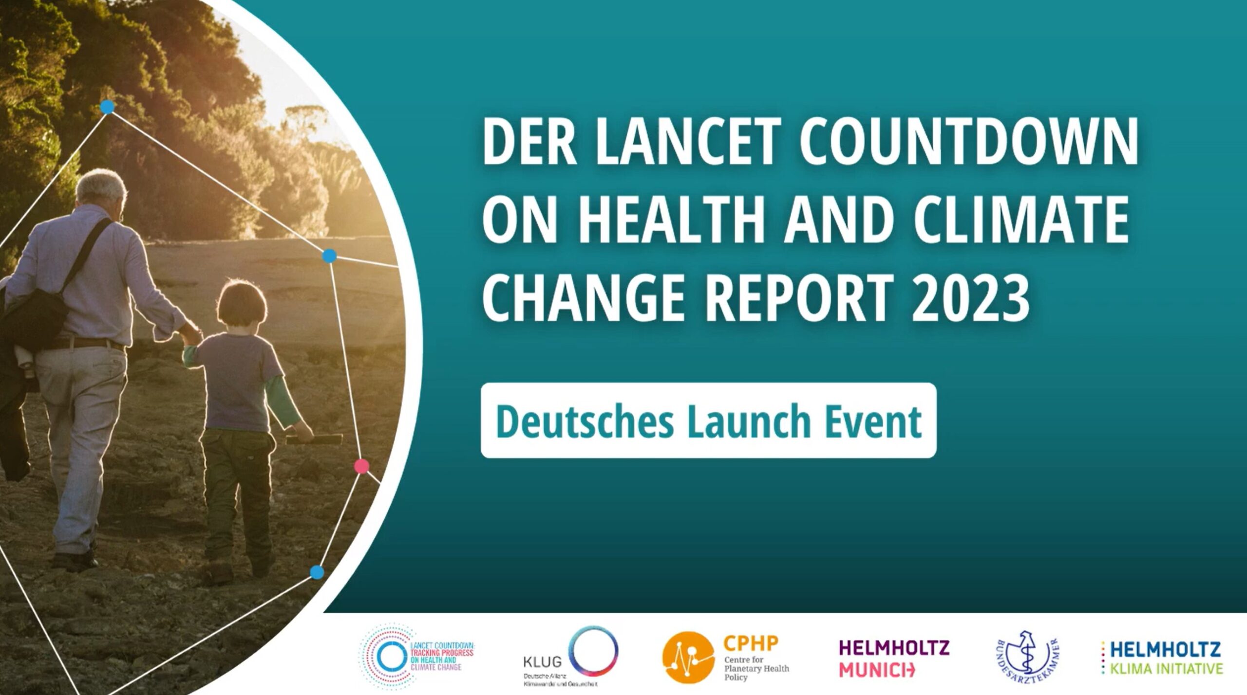 Slide for the German launch of the 2023 Lancet Countdown on Health and Climate Change Report, with logos of partner organisations and an image of two people walking outdoors.