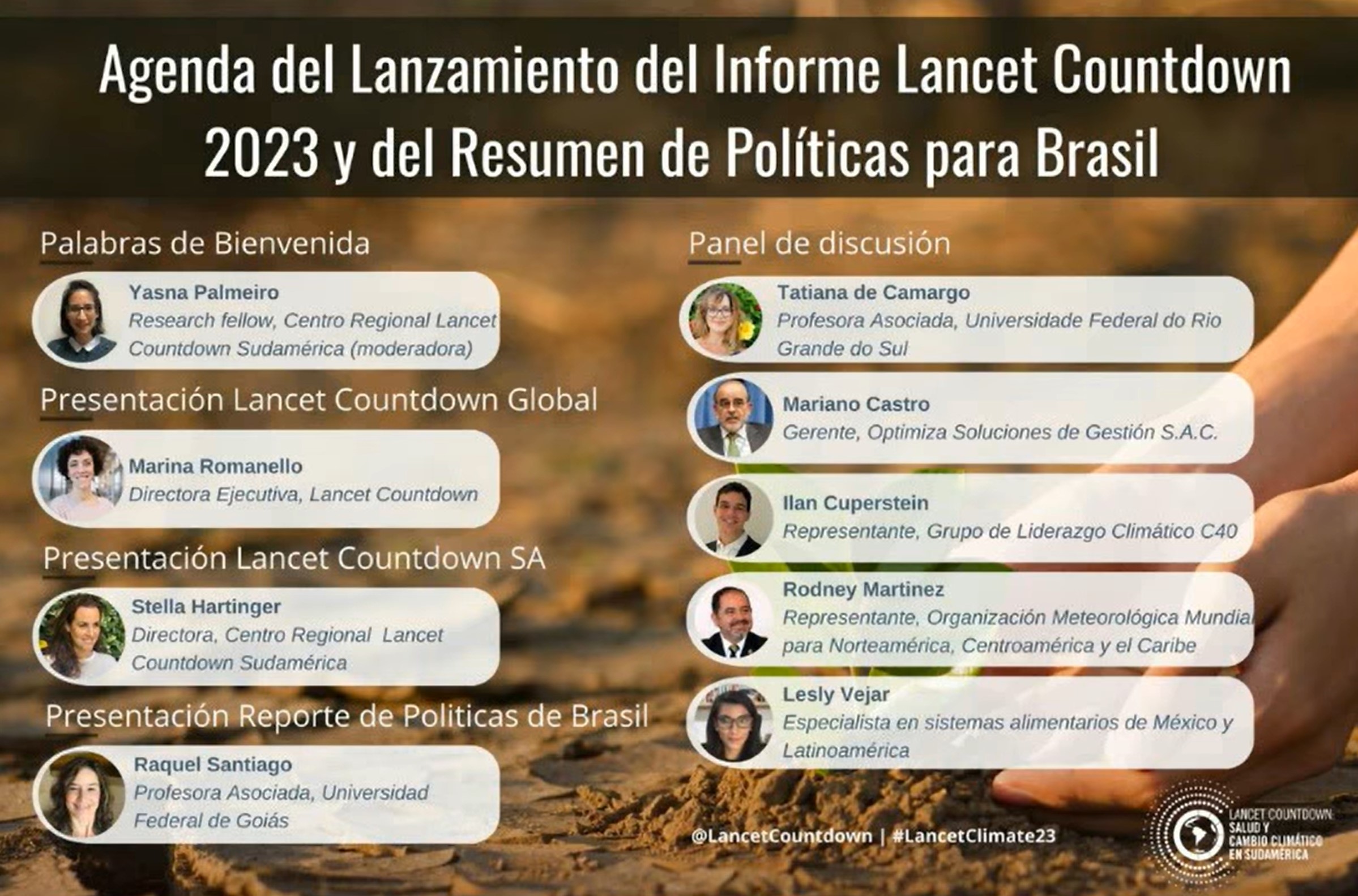 Agenda for the Latin America launch of the 2023 Lancet Countdown report and policy summary, showing welcome remarks, presentations, and discussion panel details with names, titles, and affiliations.