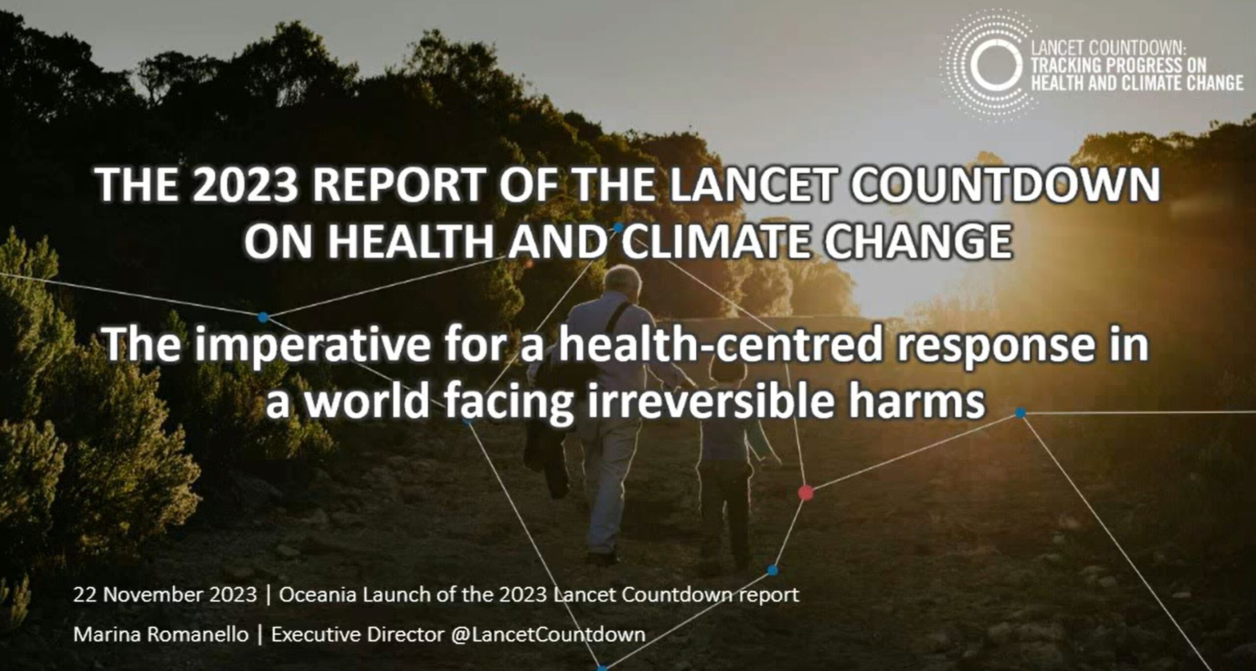 Slide for the Oceania launch of the 2023 Lancet Countdown on Health and Climate Change report, featuring event details and an image of two people walking outdoors.