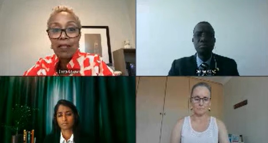 Screenshot of a virtual meeting with four participants displayed in a 2x2 grid, each in different indoor settings.