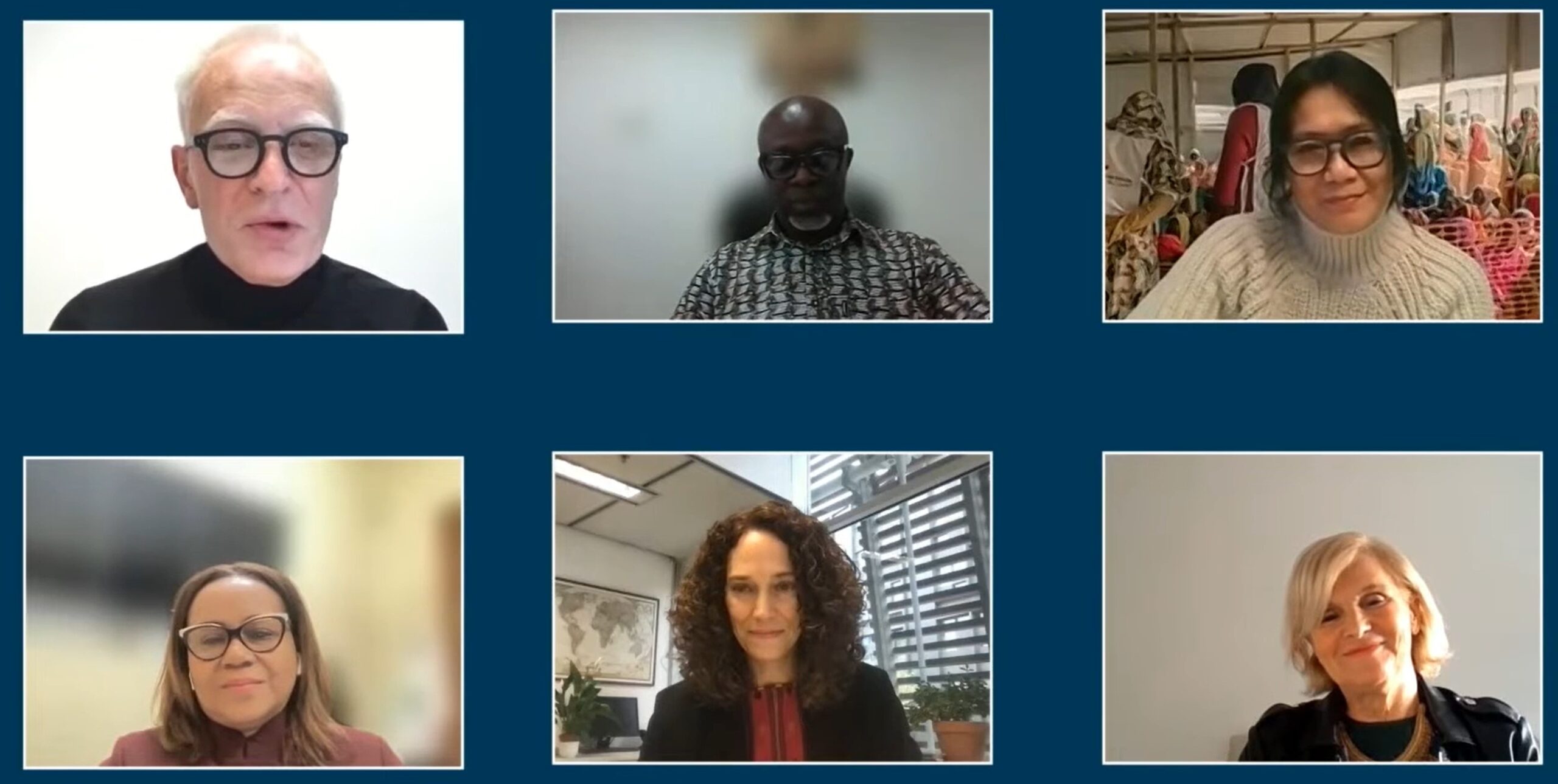 Screenshot of a virtual meeting with six participants in a 3x2 grid, each in different indoor settings.