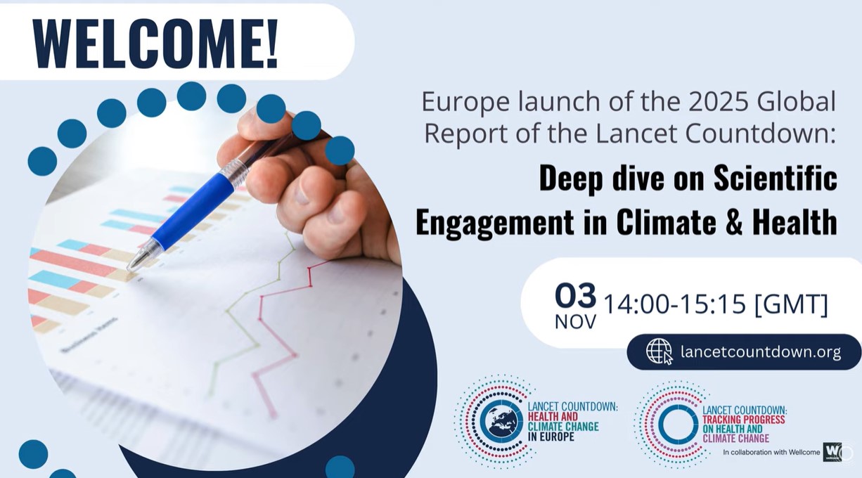 Welcome slide for the European report launch with a large image of someone drawing on a graph with a pen.